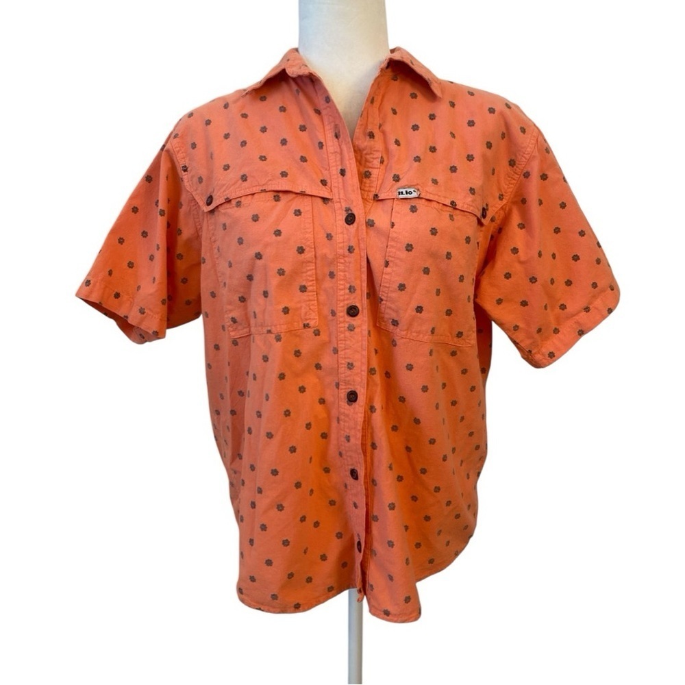 Ilio Womens Vintage Orange Button Up Short Sleeve Top